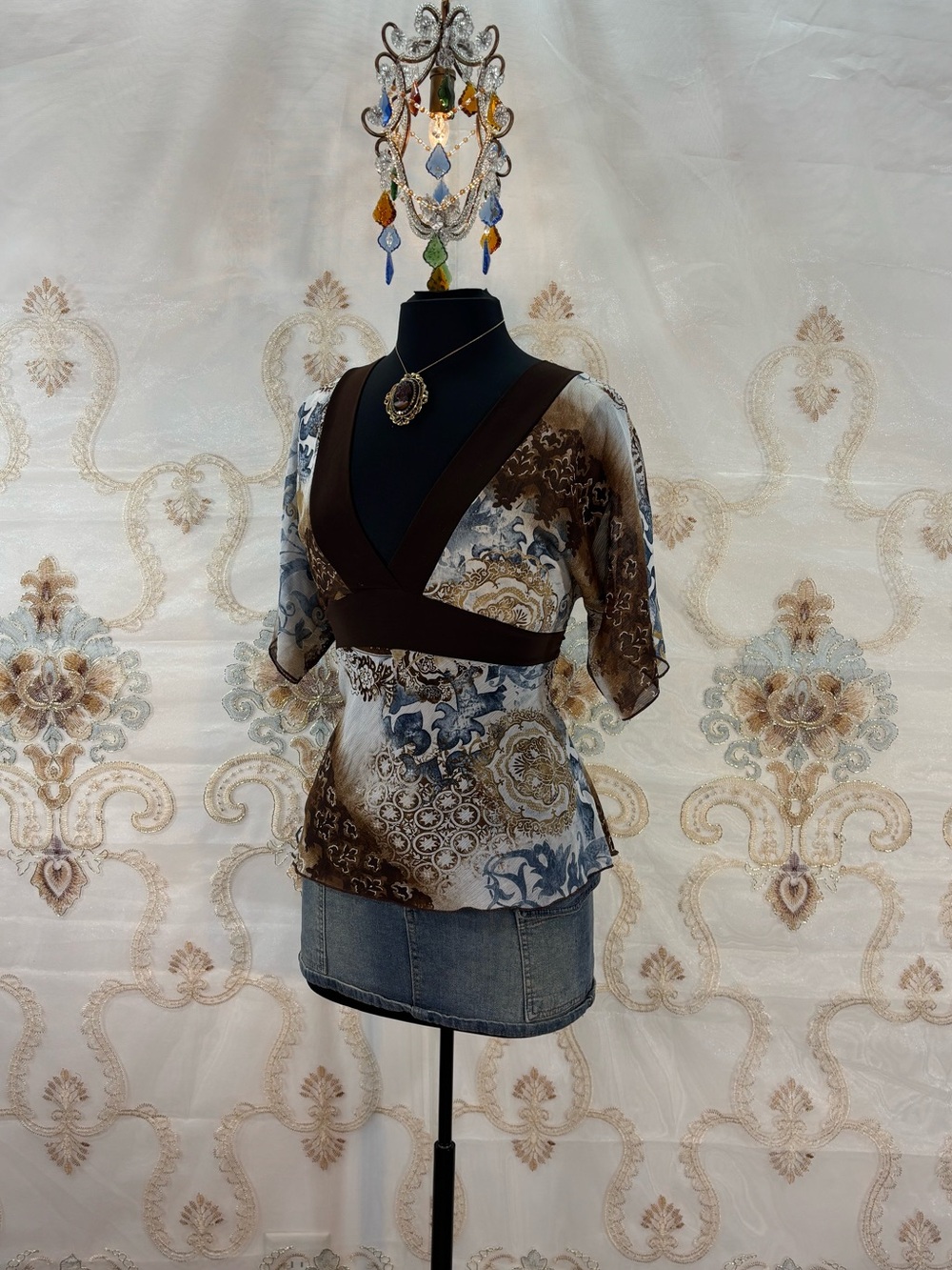 ✨Vintage Y2K Bohemian Brown & Blue Sheer Empire Waist Blouse✨